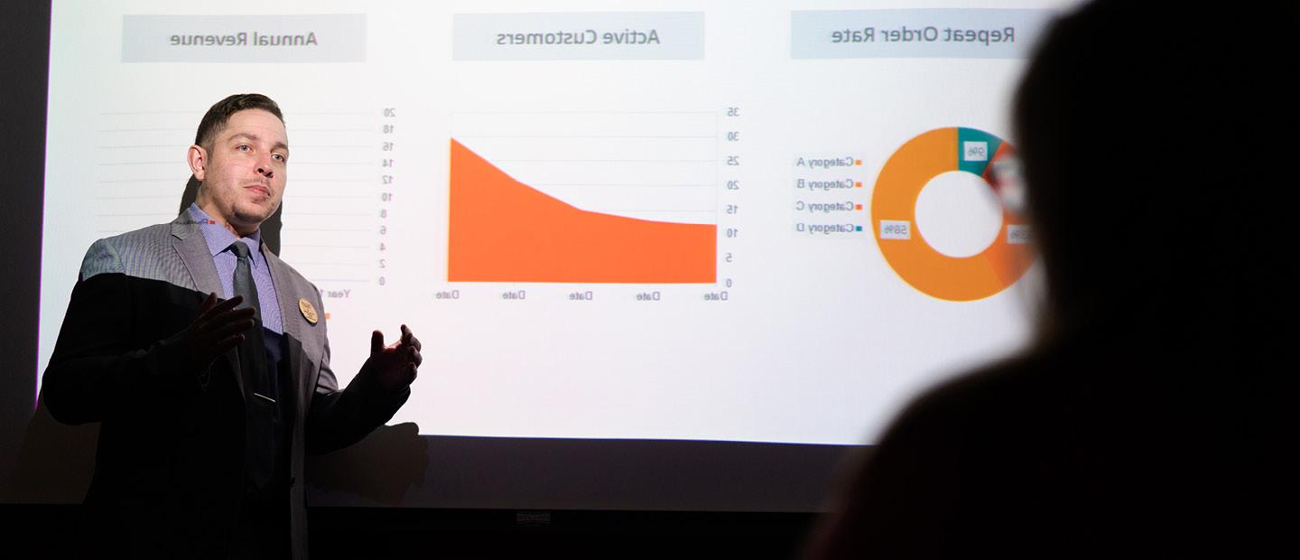 A man in a suit presenting in front of a projector screen showing colored charts and graphs.